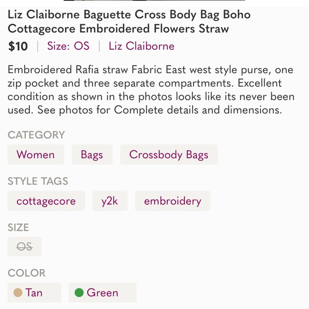 Liz Claiborne Baguette Cross Body Bag Boho Cottagecore Embroidered Flowers Straw - Picture 10 of 15